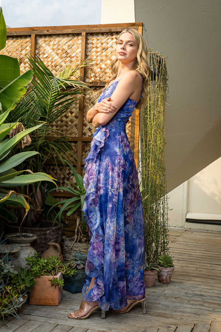Mariah Printed Chiffon Ruffle Gown