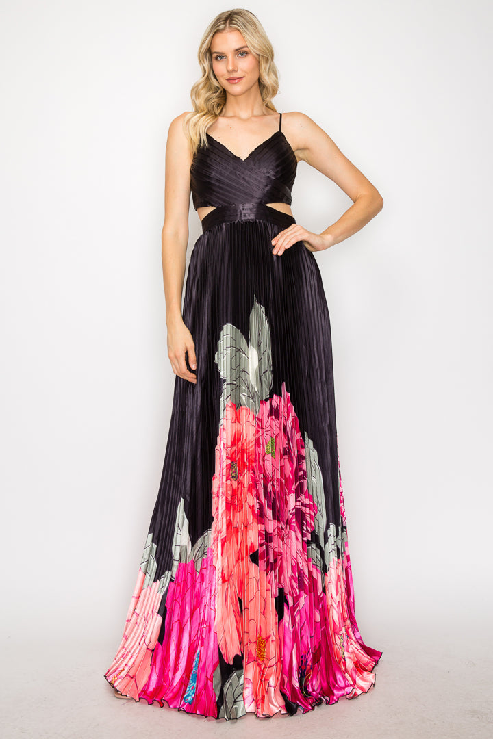 Betsy Border Print Pleated Gown Betsy Border Print Pleated Gown