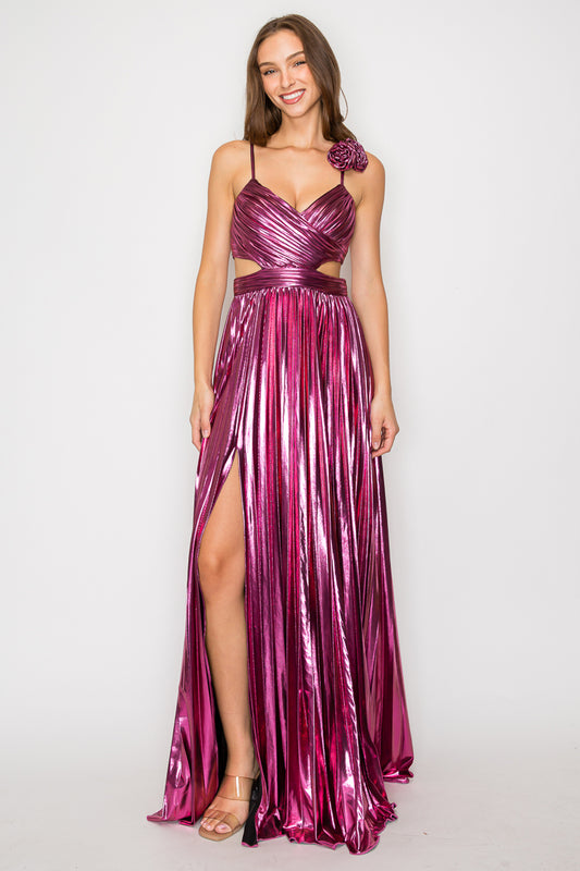 Aria Metallic Pleated Gown with Detachable Rosettes