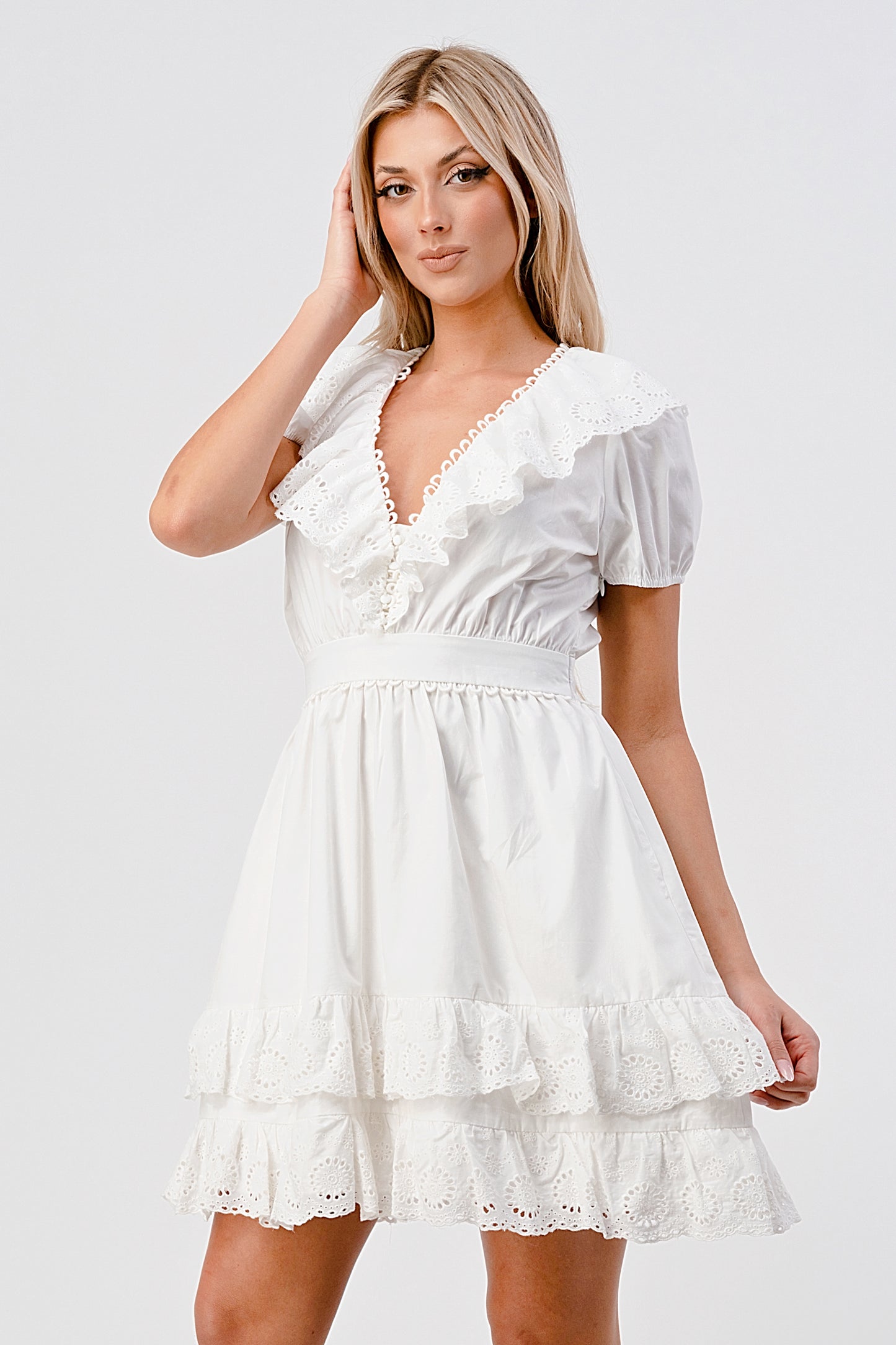 Emma Ruffle V-Neck Cotton Mini Dress