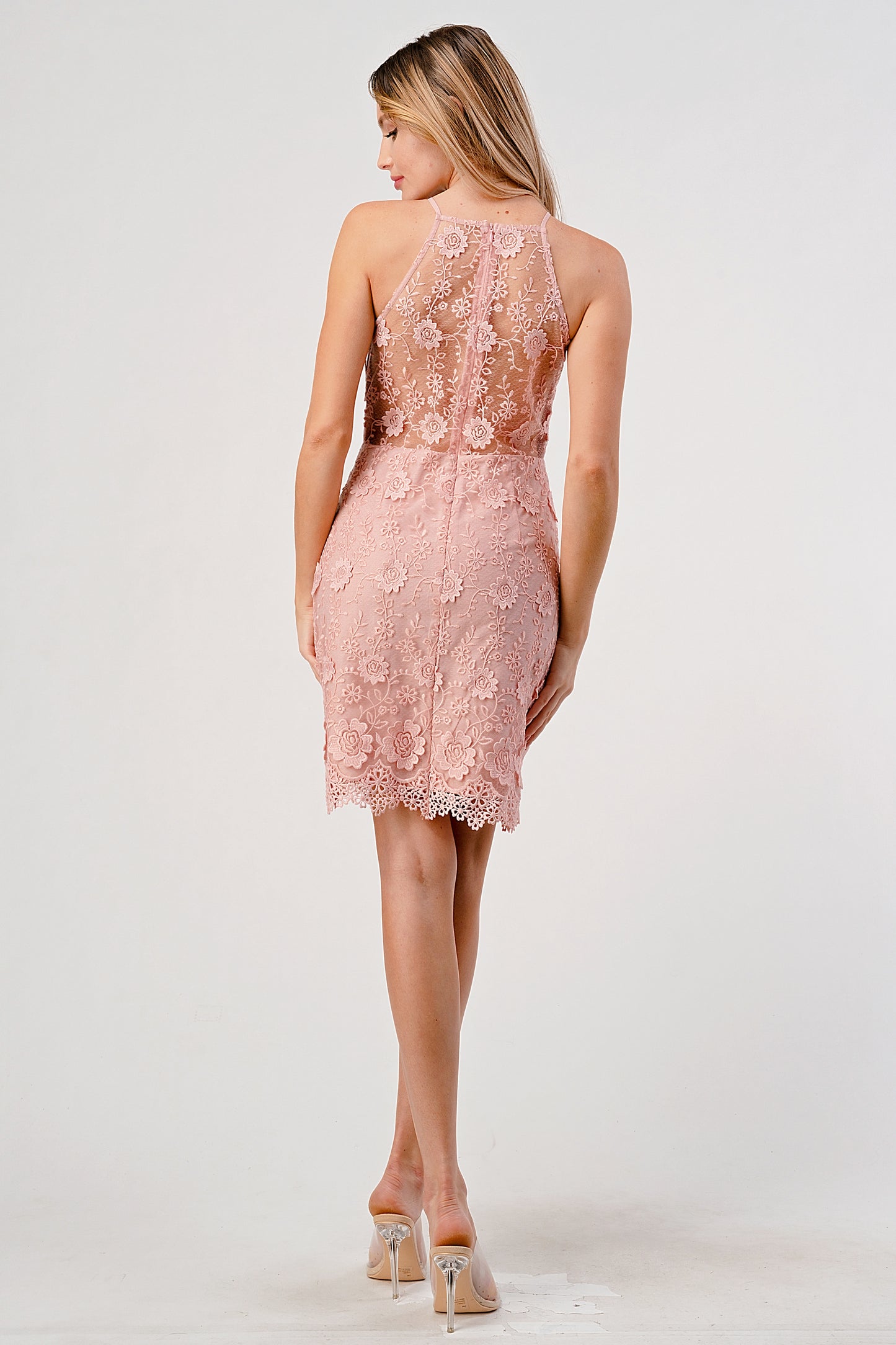 Bonnie Halter Lace Mini Dress with Key Hole