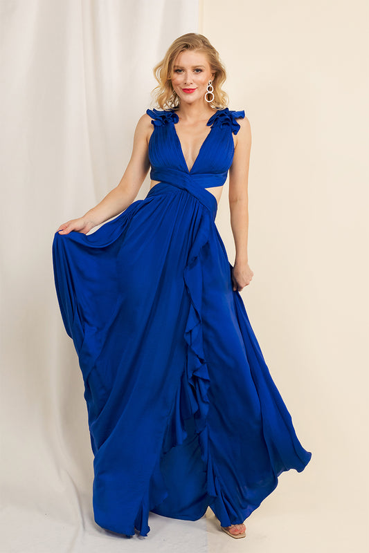 Dani Ruffle Shoulder Open-Back Gown