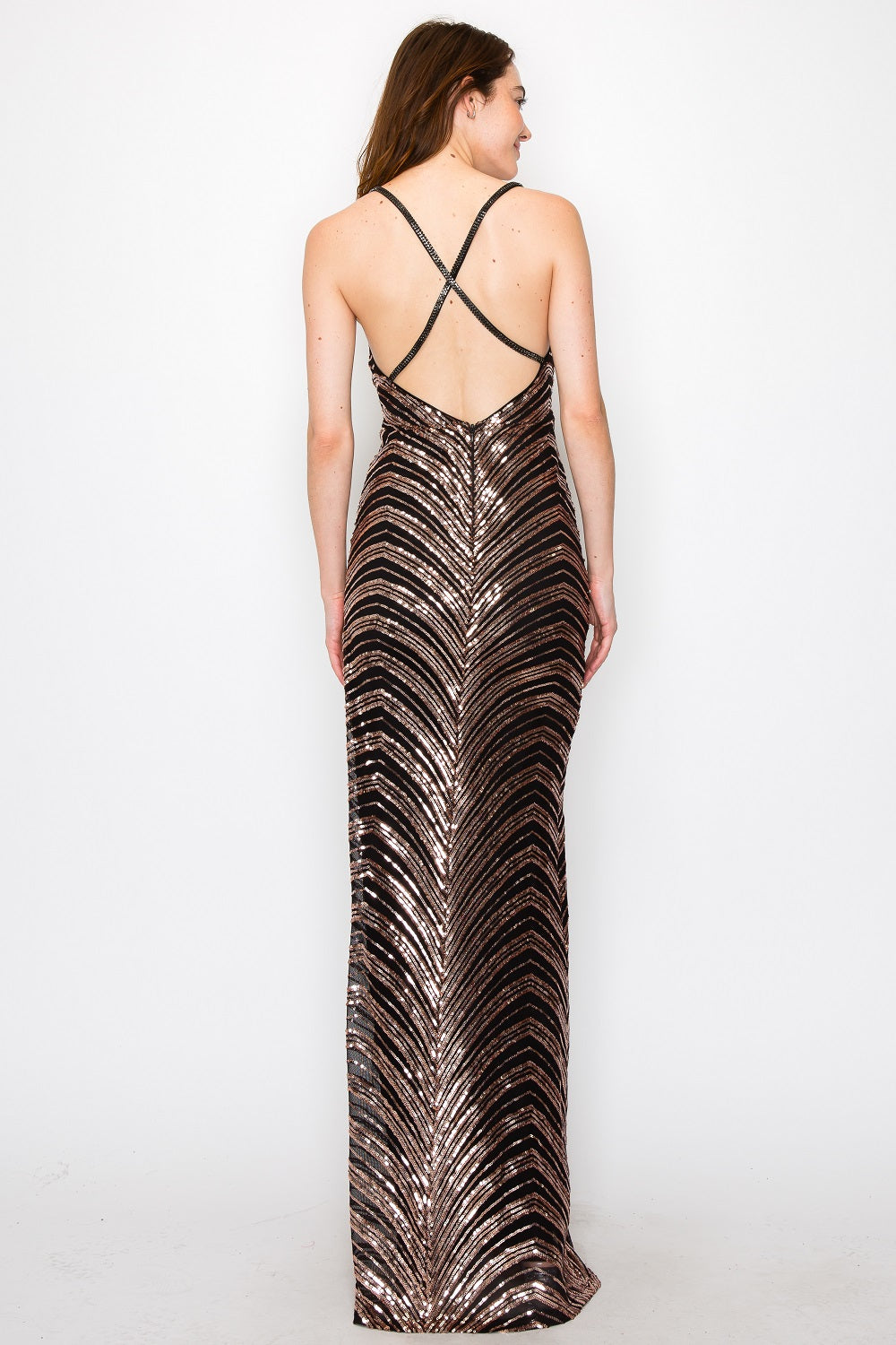 Kiara Rhinestone Strap Sequin Gown with Slit