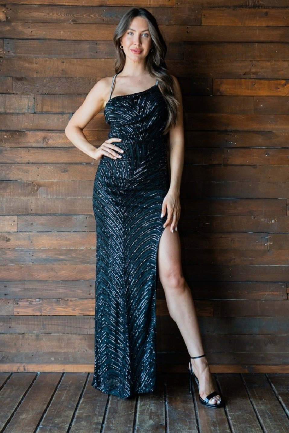 Kiara Rhinestone Strap Sequin Gown with Slit
