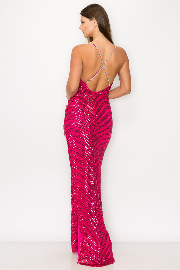 Kiara Rhinestone Strap Sequin Gown with Slit