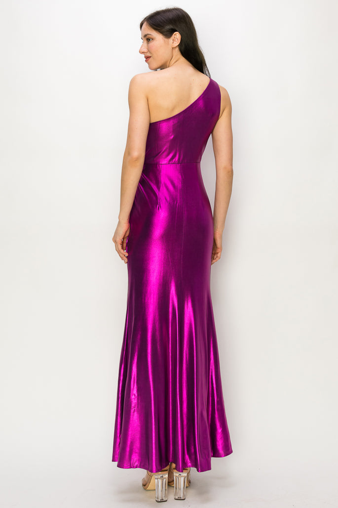 Rae One-Shoulder Metallic Gown with Slit