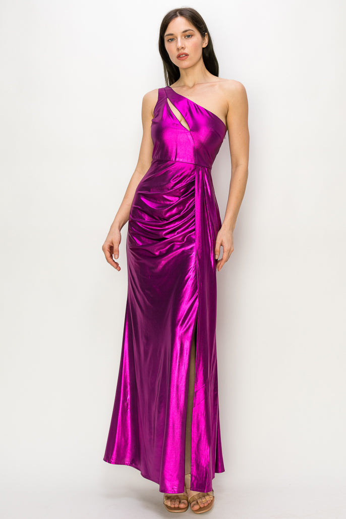 Rae One-Shoulder Metallic Gown with Slit