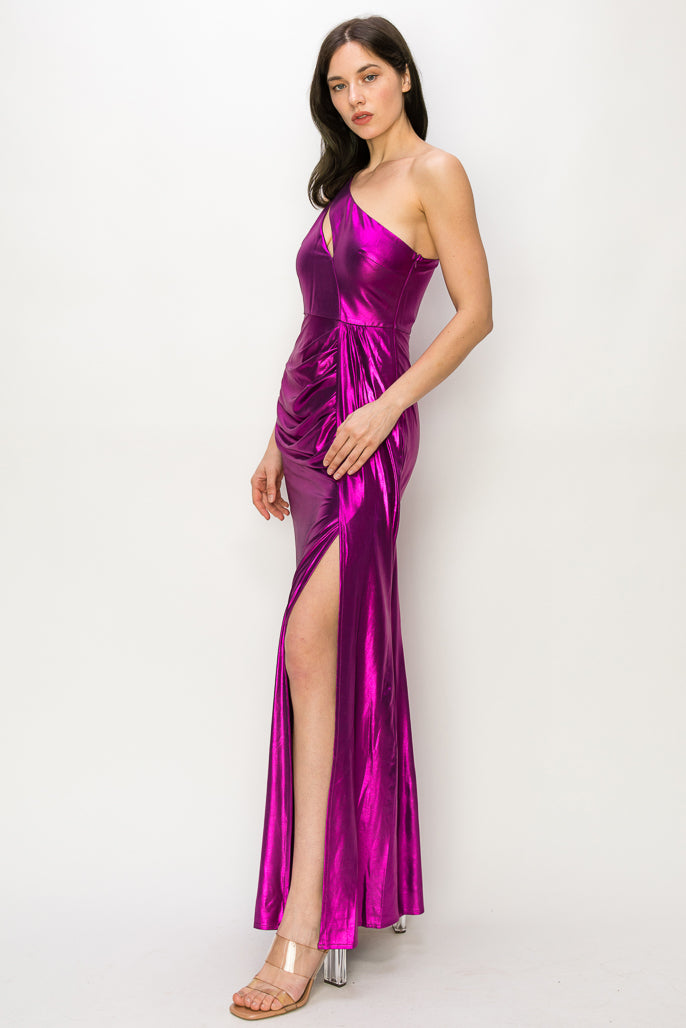 Rae One-Shoulder Metallic Gown with Slit