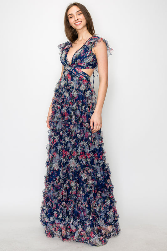 Priscilla Ruffle Mesh Lace Up Gown