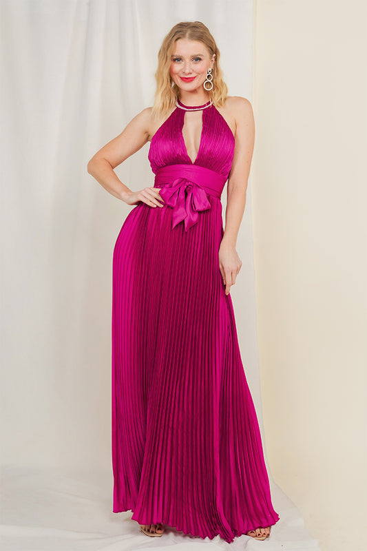 Brooke Key Hole Pleated Gown with Rhinestone Detail