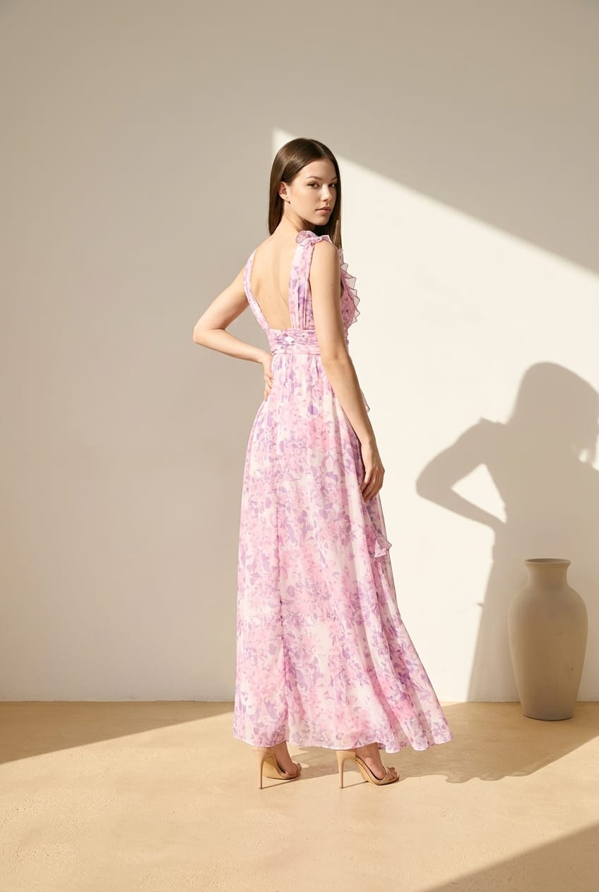 Leanora 3D Printed Chiffon Dress With Ruffle Detail