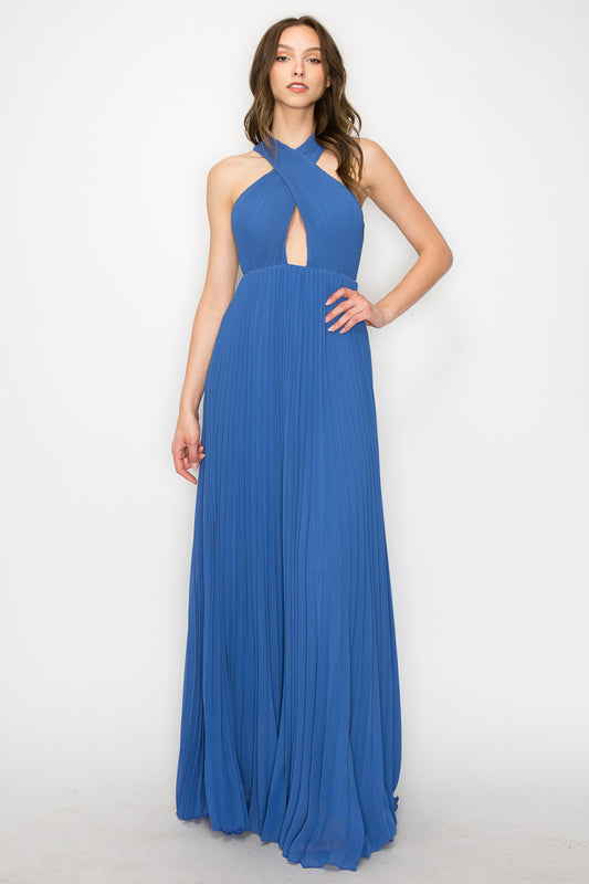 Cynthia Pleated Halter Criss Cross Gown