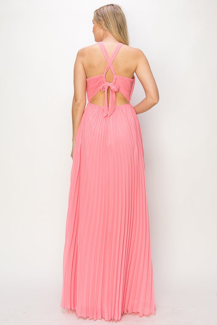Cynthia Pleated Halter Criss Cross Gown