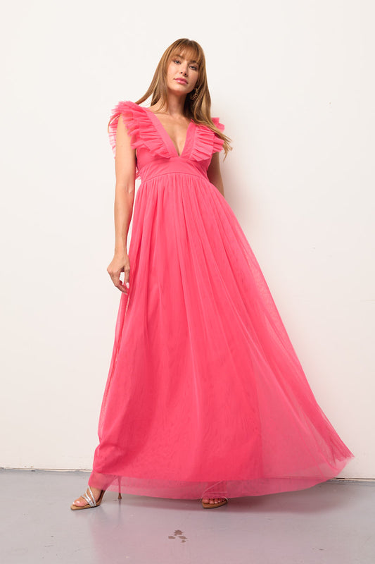 Bryce Deep V-Neck Ruffle Mesh Dress
