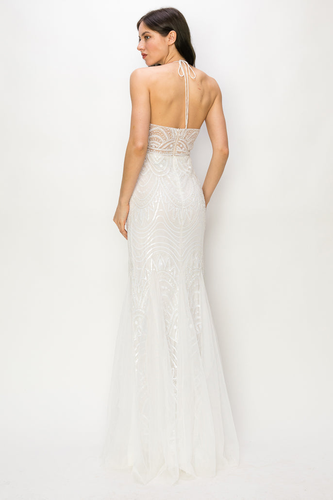 Evie Sequin Halter Mesh Gown