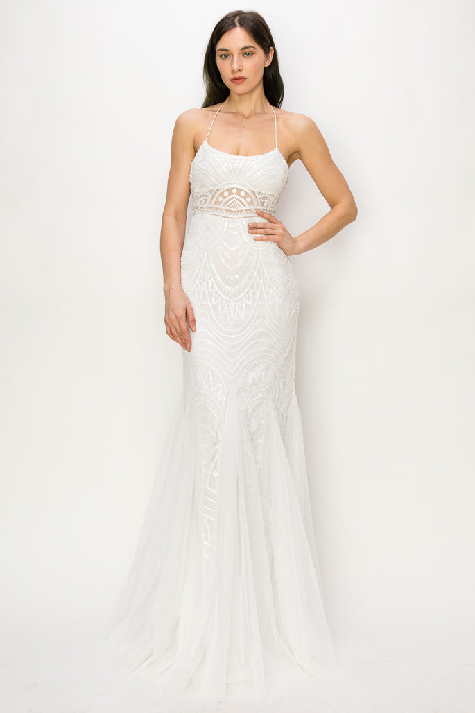 Evie Sequin Halter Mesh Gown