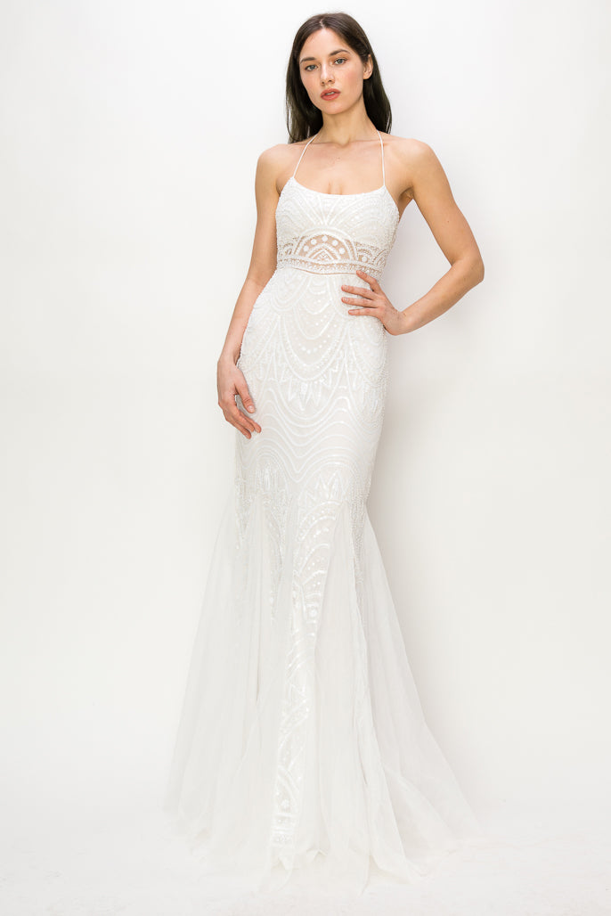 Evie Sequin Halter Mesh Gown