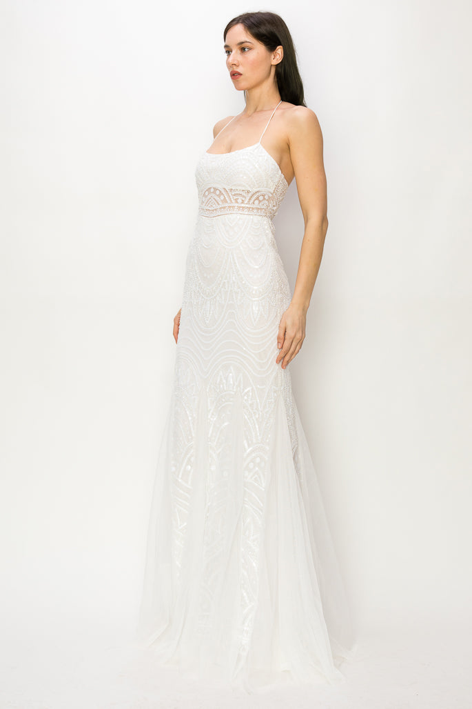 Evie Sequin Halter Mesh Gown