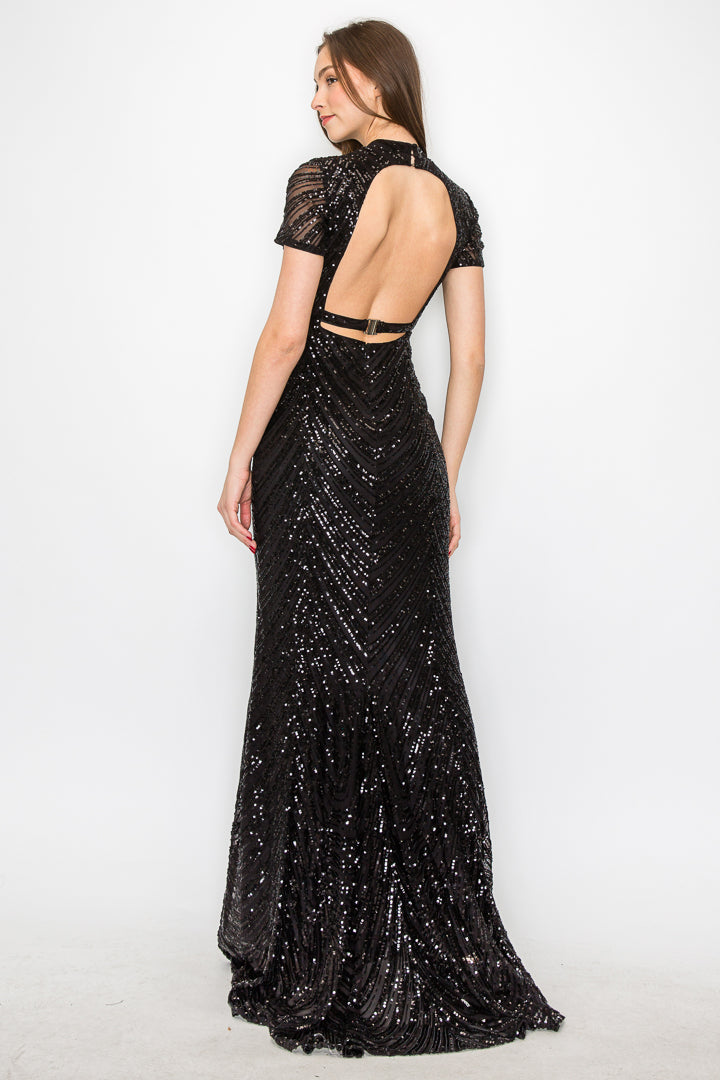 Isla Short-Sleeve Sequin Gown with Open Back