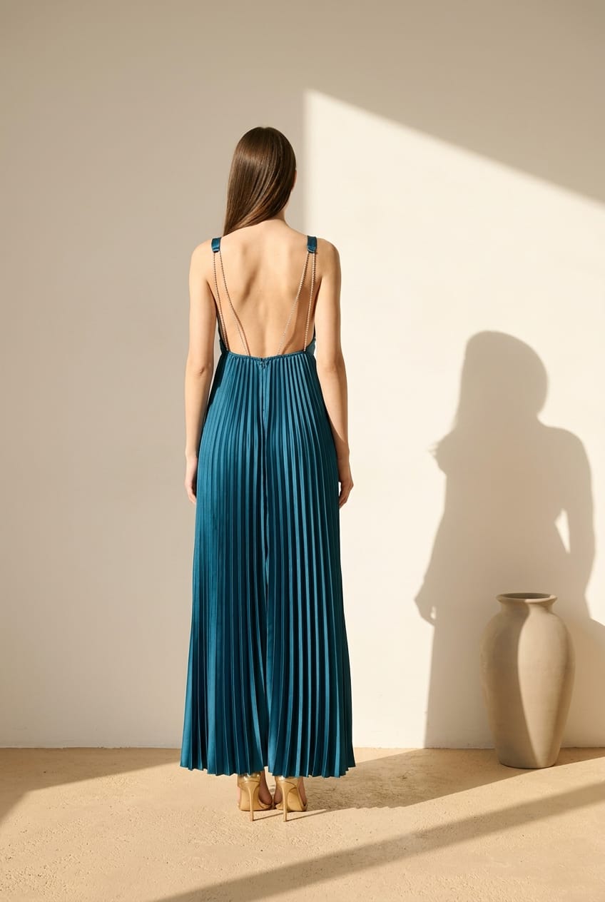 Ava Pleated Satin Maxi With Rhinestone Trim