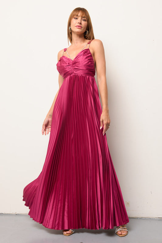 Ava Pleated Satin Maxi With Rhinestone Trim