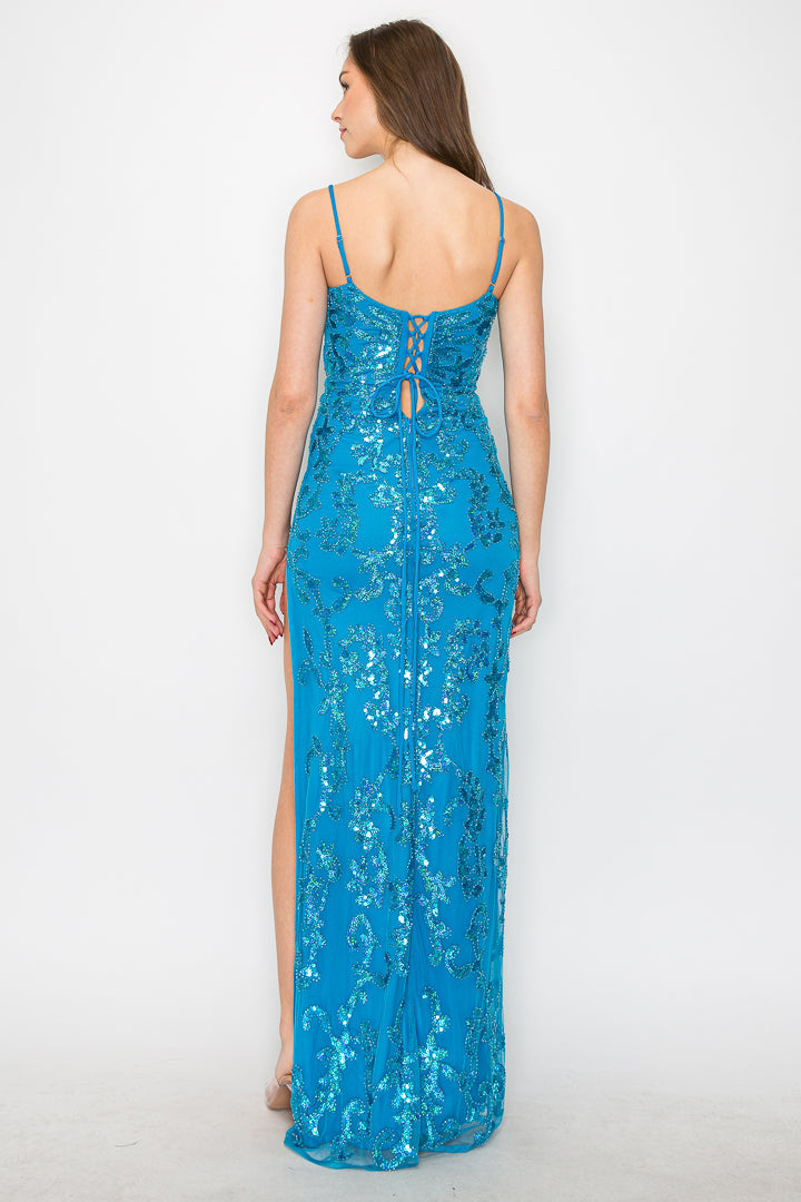 Haisley High Slit Lace-Up Beaded Gown