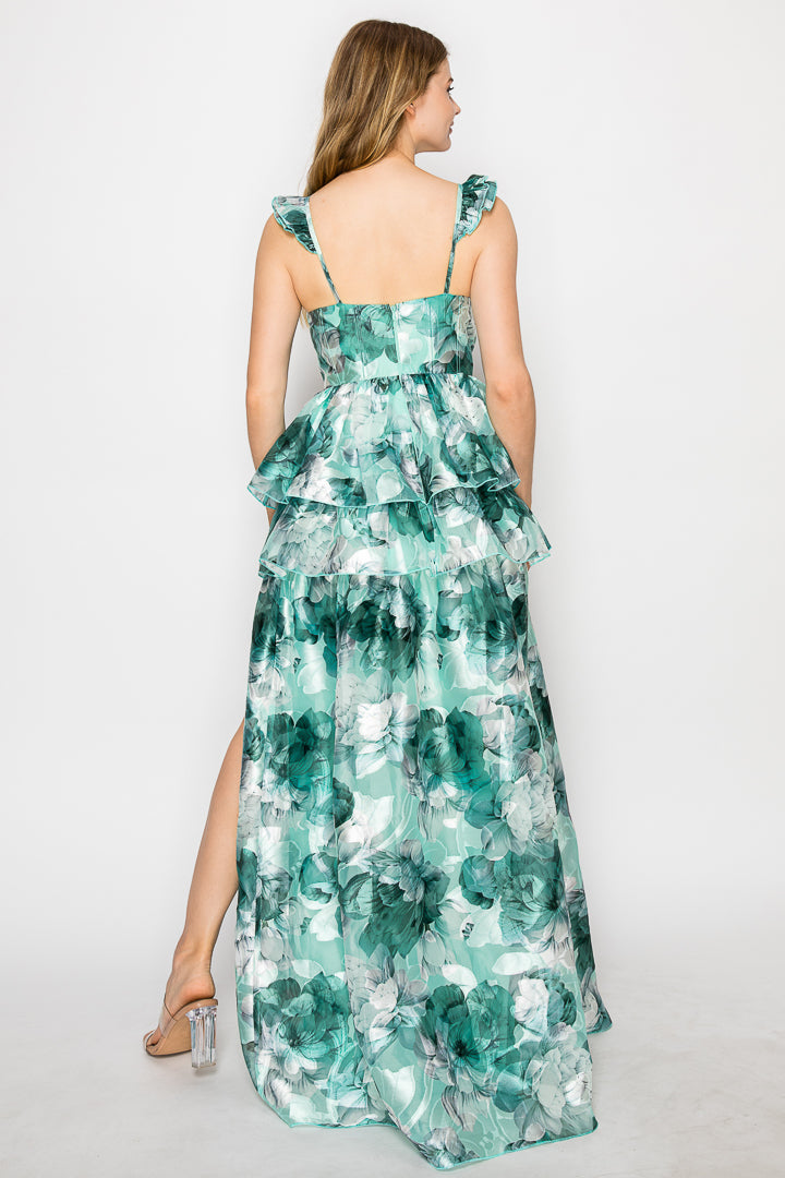 Selena Printed Burnout Organza Dress With Ruffle Shoulder And Peplum