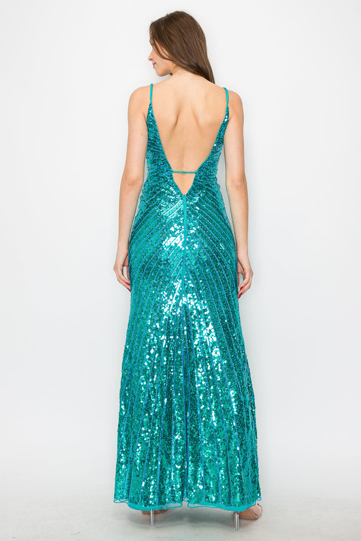 Devyn Deep-V Back Sequin Gown