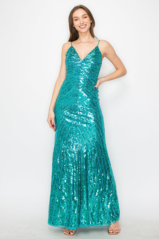 Devyn Deep-V Back Sequin Gown