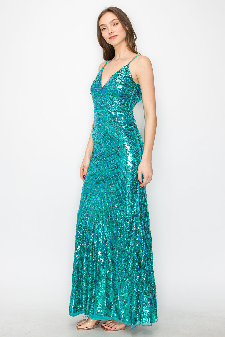 Devyn Deep-V Back Sequin Gown
