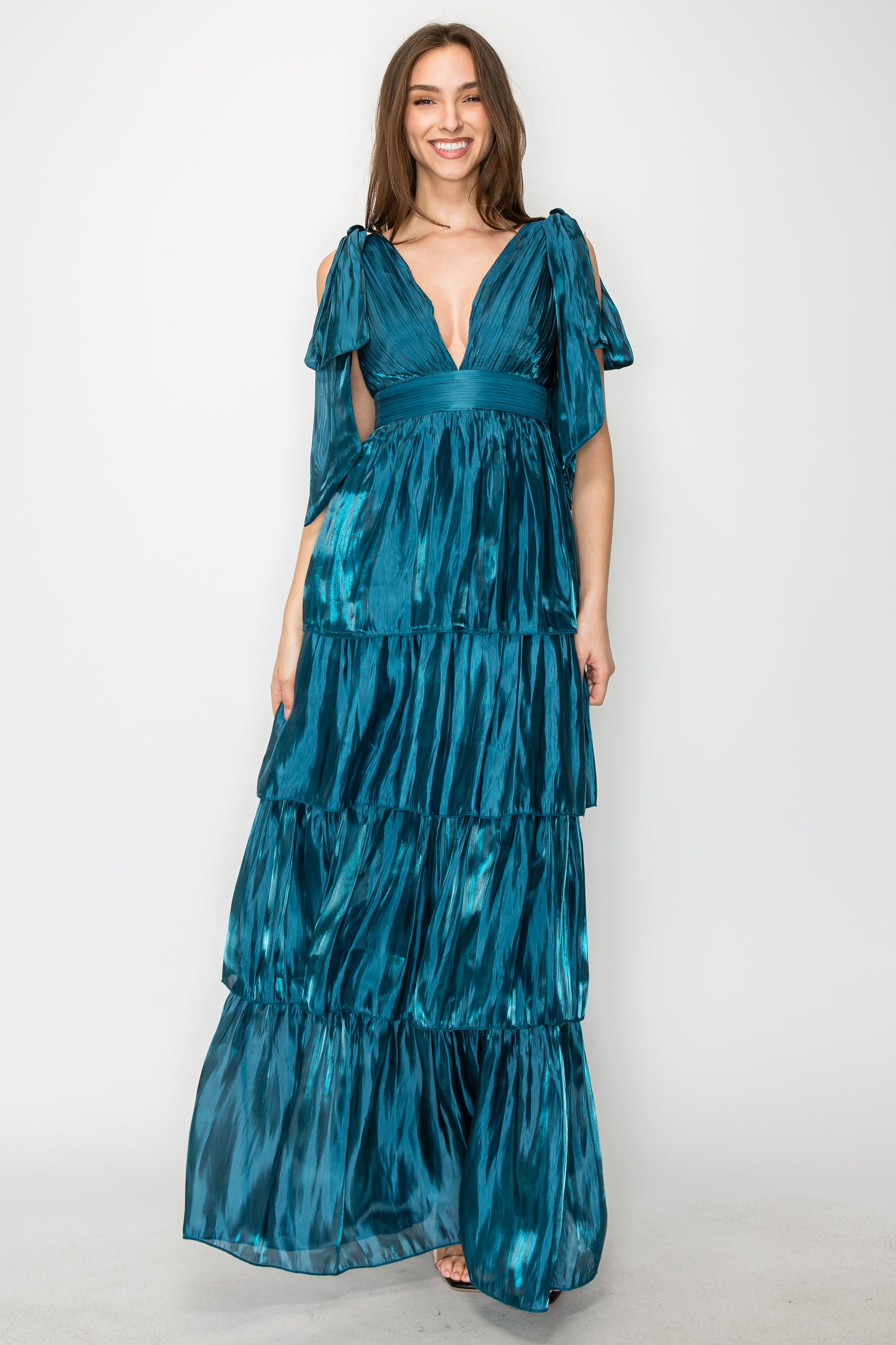 Lara Liquid Organza V-Neck Tiered Gown