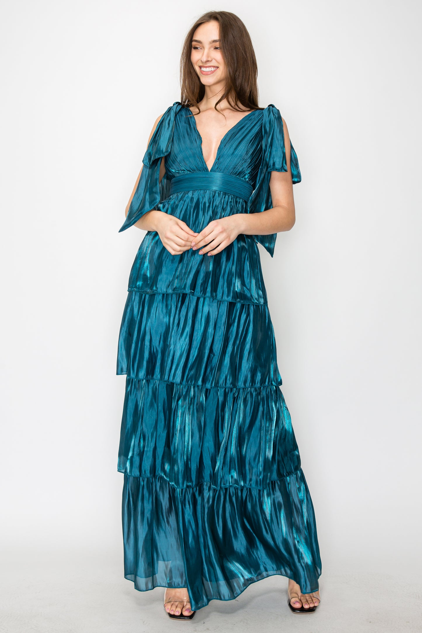 Lara Liquid Organza V-Neck Tiered Gown