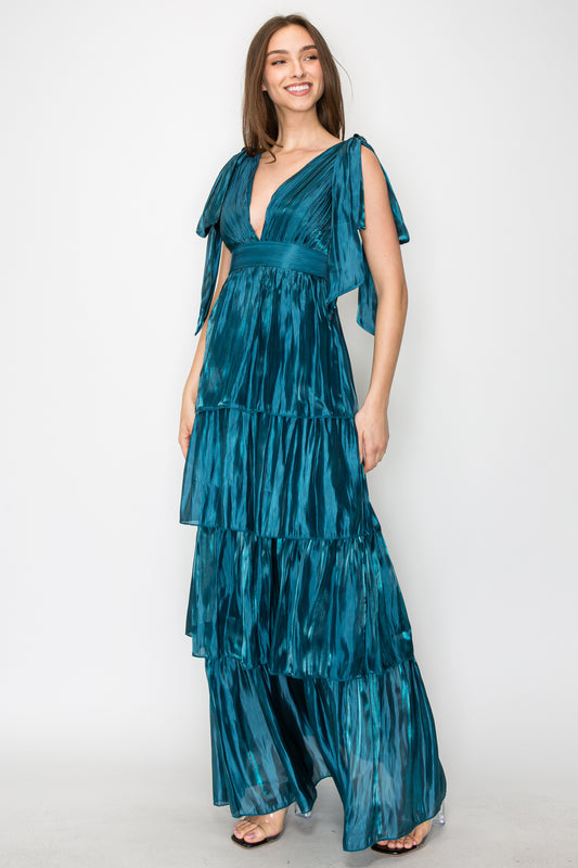 Lara Liquid Organza V-Neck Tiered Gown