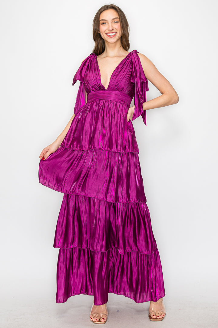 Lara Liquid Organza V-Neck Tiered Gown