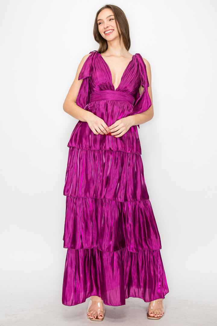 Lara Liquid Organza V-Neck Tiered Gown