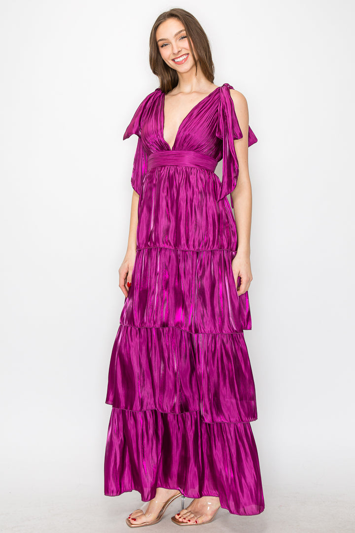 Lara Liquid Organza V-Neck Tiered Gown