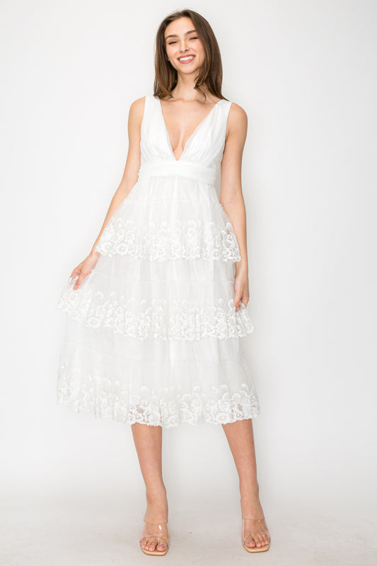 Odette Deep V-Neck Mesh Tiered Midi Dress