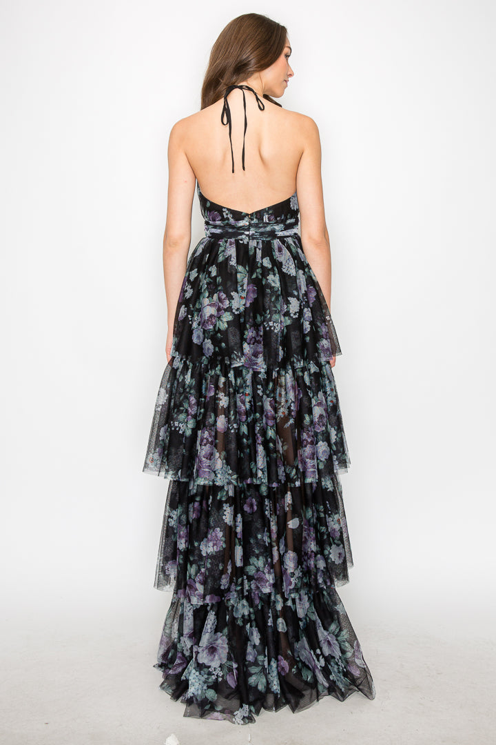 Charlotte Floral Halter Tiered Gown W/ Slit