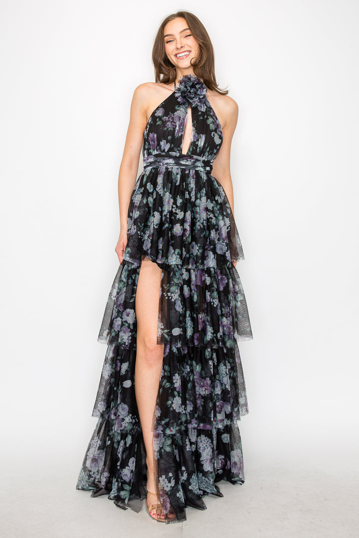 Charlotte Floral Halter Tiered Gown W/ Slit