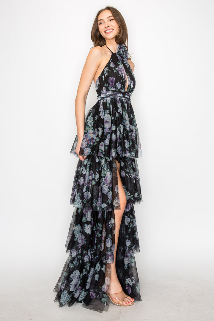 Charlotte Floral Halter Tiered Gown W/ Slit