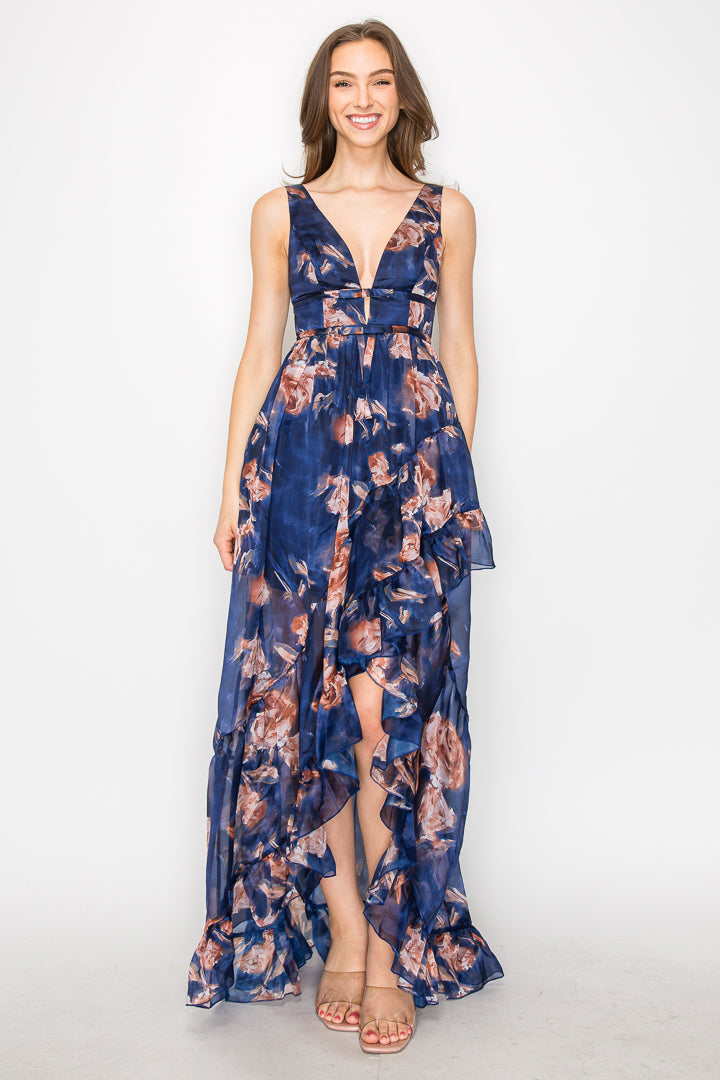 Katia Floral High Low Ruffle Gown