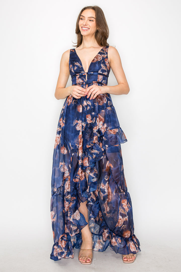 Katia Floral High Low Ruffle Gown