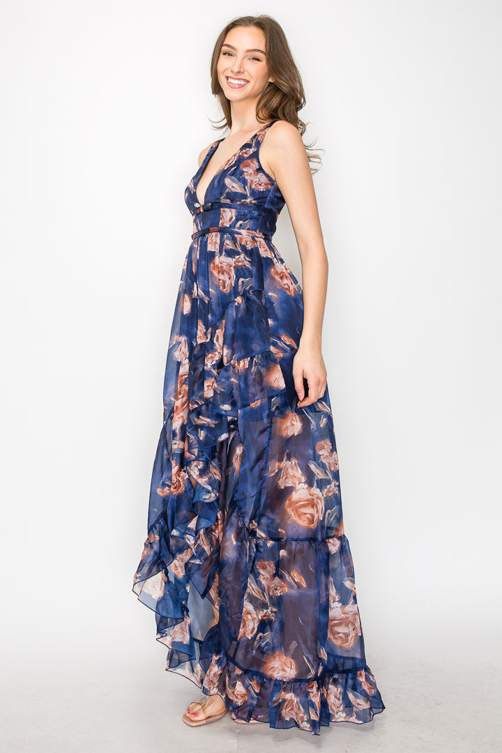 Katia Floral High Low Ruffle Gown