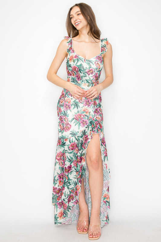 Alyssa Stretch Floral Ruffle Maxi Dress
