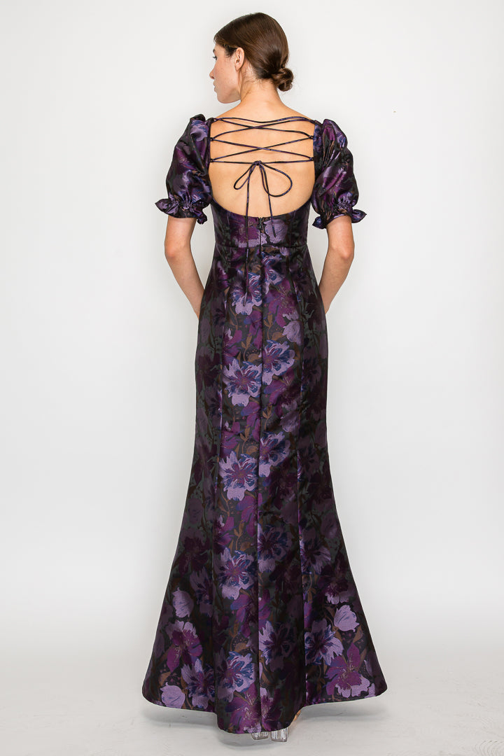 Daniella Brocade Floral Short Sleeve Gown with Slit