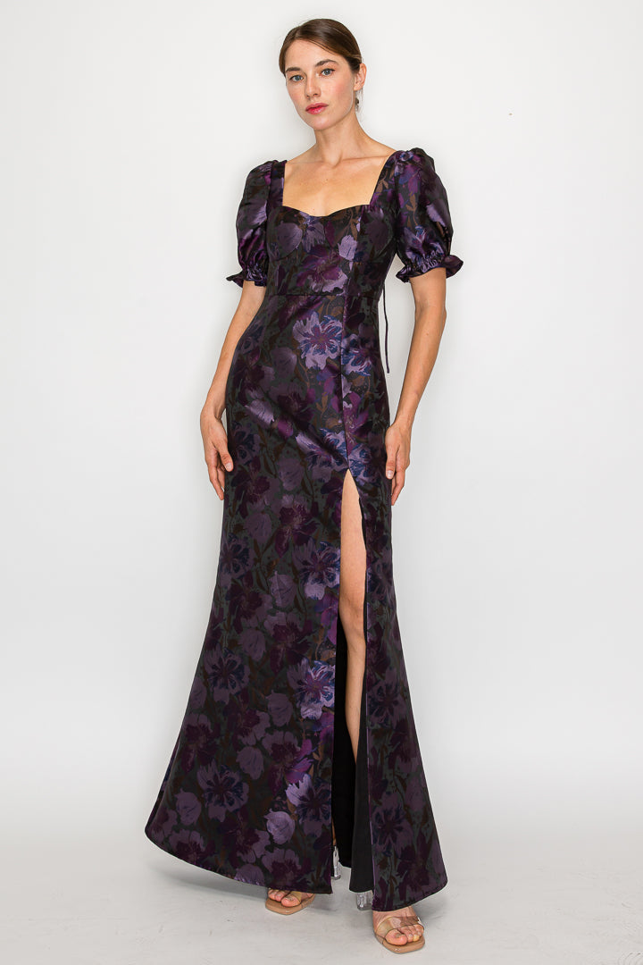 Daniella Brocade Floral Short Sleeve Gown with Slit