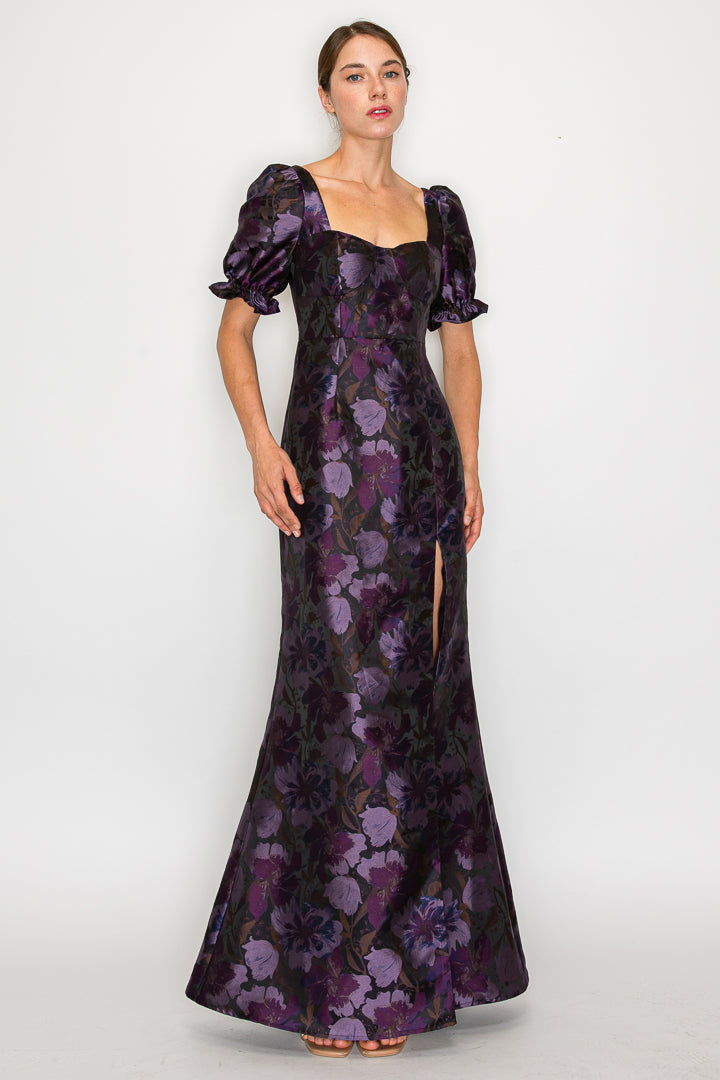 Daniella Brocade Floral Short Sleeve Gown with Slit