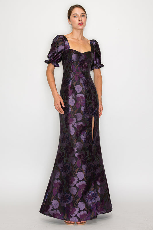 Daniella Brocade Floral Short Sleeve Gown with Slit