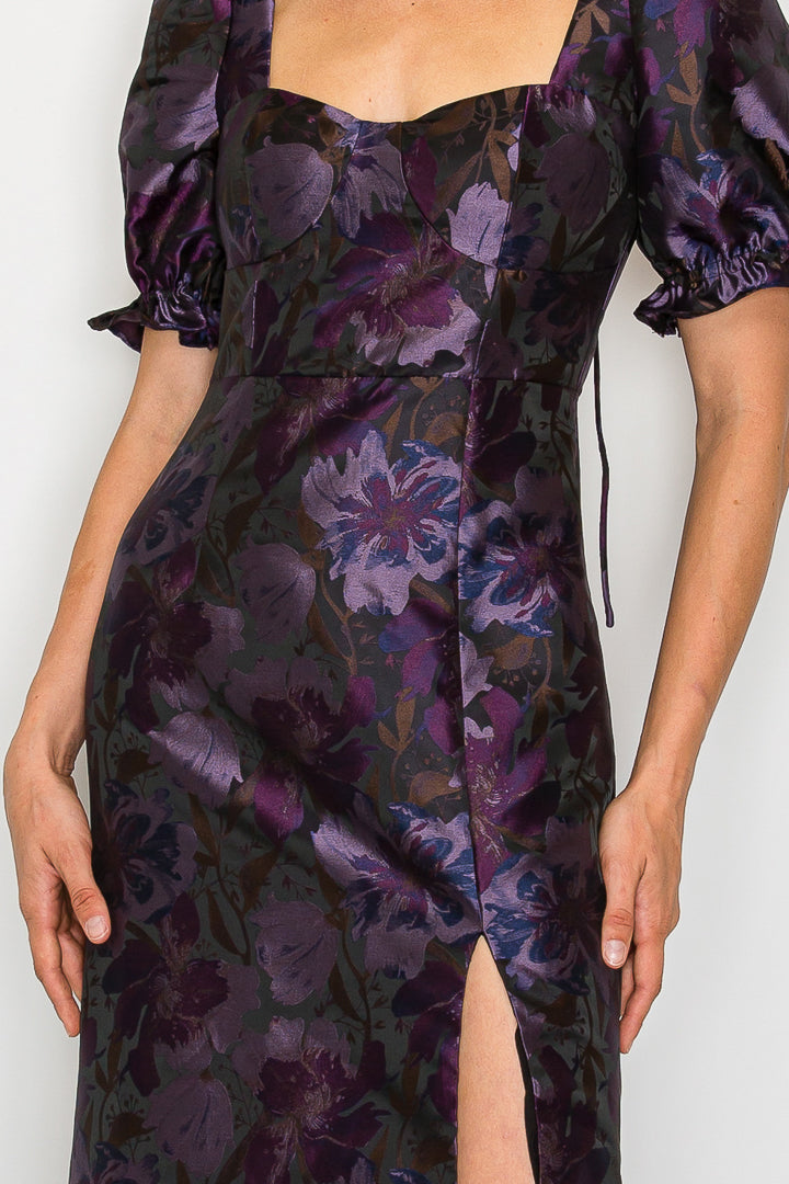 Daniella Brocade Floral Short Sleeve Gown with Slit