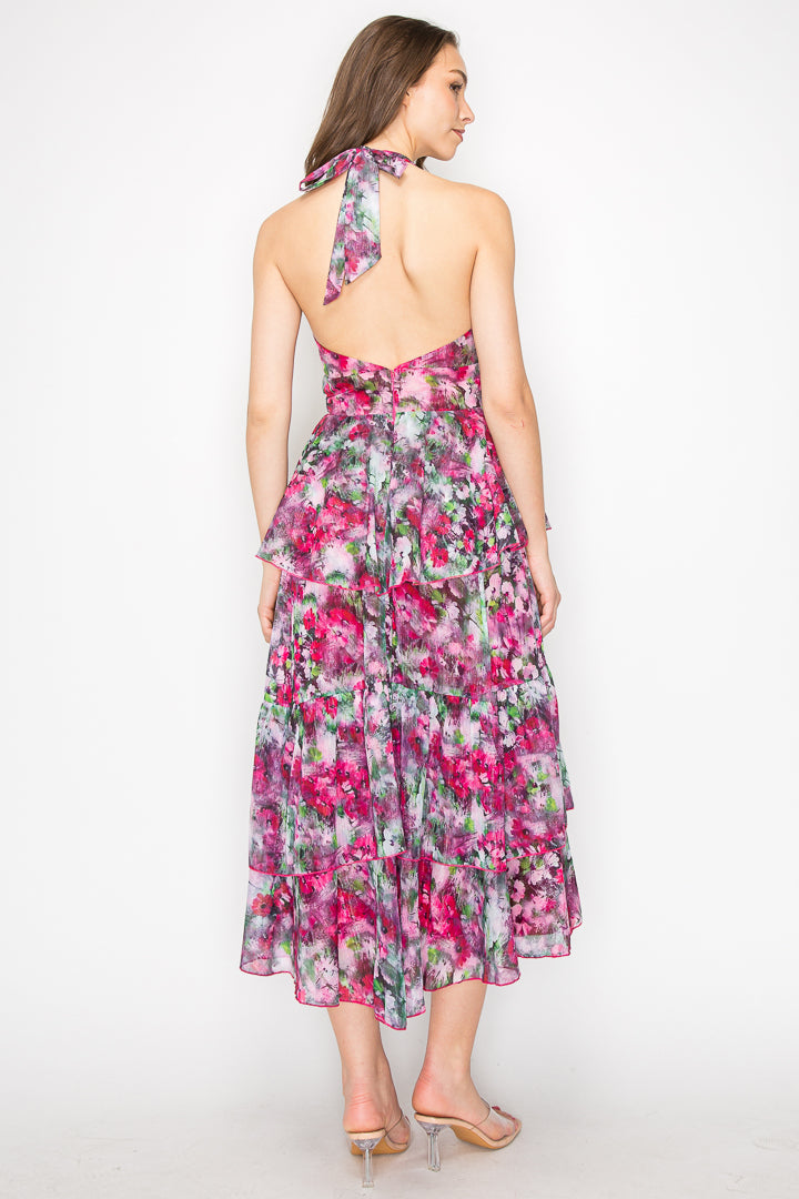 Chloe Floral Halter Tiered Midi Dress